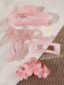 4pcs Jelly Sakura Pink Gradient Bow Square Flower Oval Oversized Hair Claw Clips, Sweet Versatile Hair Accessories For Girls, Spring/Summer - Multicolor - View 2