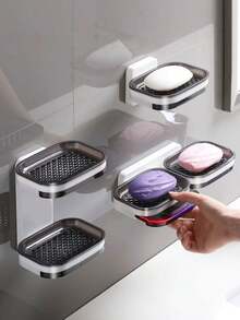 1pc Wall-Mounted Soap Holder, No-Drill Suction Cup Double-Layer Drainage Rack, Bathroom Soap Storage Shelf - Black - View 4