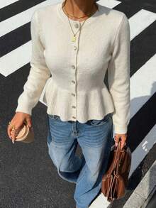 Fashionable Women's Fitted Button-Up Cardigan Sweater, Long Sleeve Ribbed Knit Top With Flared Hem And Round Neck, Suitable For Daily Wear And Autumn/Winter Fashion - Apricot - View 4
