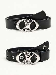 2pcs American Y2K Fashion Vintage PU Women's Belts, Suitable For Jeans, Suits And Daily Wear - Eyelet + Smooth 4-star Black - View 13