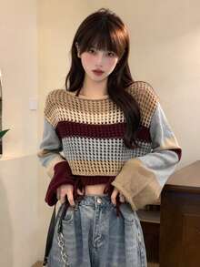 YCYC Korean Style Hollow Long Sleeve Knit Sweater & Spaghetti Strap Strap Tank Top 2pcs Set, Niche Design Women's Outfit - Multicolor - View 2