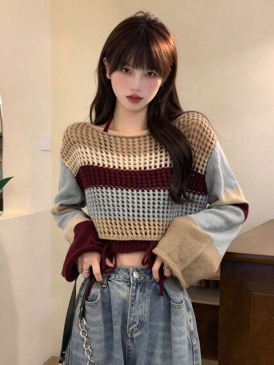 YCYC Korean Style Hollow Long Sleeve Knit Sweater & Spaghetti Strap Strap Tank Top 2pcs Set, Niche Design Women's Outfit
