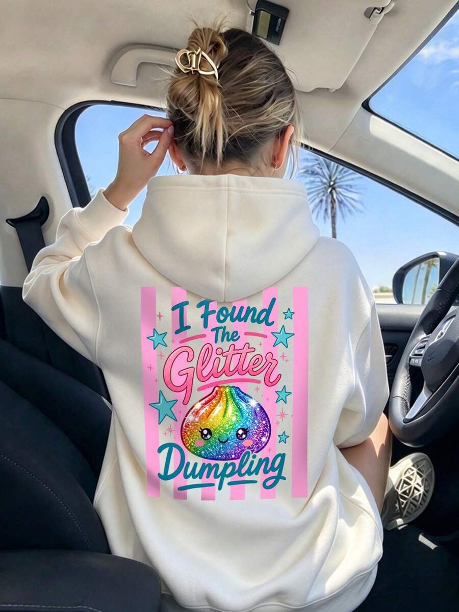 Big Girls Pullover Sweatshirt, I Found Shiny Dumpling Cute Cartoon Back Graphic Sweatshirt, Warm Autumn/Winter Campus Casual Top - White - View 1