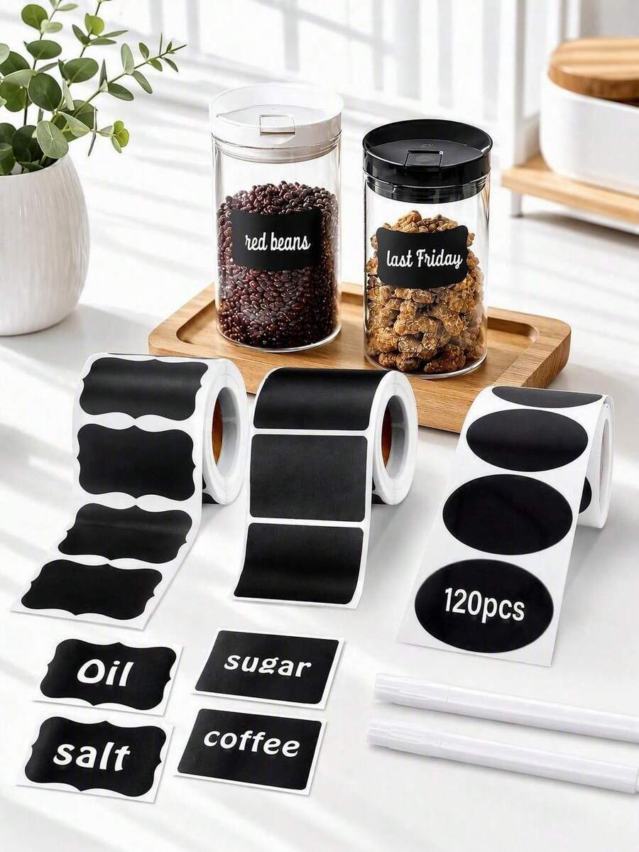 Haus Hana 120pcs Black Reusable Waterproof Label Stickers, Wave Pattern For Kitchen Food Storage Containers, Jars, Spices, Food, Includes 1 White Chalk Marker - Black - View 1