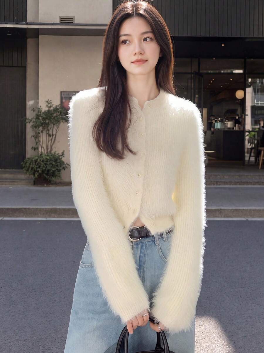 Alicedudu 休闲纯色蓬松圆领开衫、长袖上衣 - 米色 - 查看 1