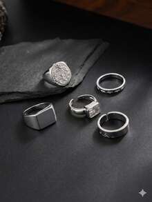 5pcs Vintage Multi-Layer Gold Coin Seal Ring Set, Luxury Rhinestone Index Finger Ring, Versatile Stackable Jewelry For Men - Silver - View 5
