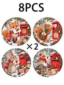 1/4/8pcs Christmas Wooden Coasters Set, Rustic Holiday Drink Coasters With Cute Fox Squirrel Rabbit Cardinal Christmas Mailbox Winter Snow Forest Design, Round Coffee Cup Mats For Home Kitchen Table Decor, Farmhouse Christmas Gift - Multicolor - View 12
