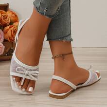 New Elastic Band Elegant Lace Mesh Bowknot Decor Slip-On Round Toe Flat Sandals Women's Summer Vacation Beach Sandals - White - View 19