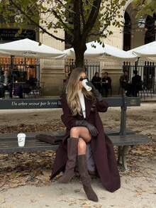 Autumn/Winter New Women's French Style Premium Long Blazer Coat, Oversized Silhouette With Large Lapel, Double-Breasted, Padded Shoulders And Side Slits, Suitable For Urban Street Style, Office And Party Outfits - Burgundy - View 9
