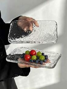 1pc Rectangular Transparent Glass Plate, All-Over Asymmetrical Ice Hammer Texture, Clear And Textured. Can Hold Fruit, Desserts, Snacks, Suitable For Afternoon Tea Display, Also Can Be Used As Storage Tray, Ins Minimalist Home Style - Transparent - View 10