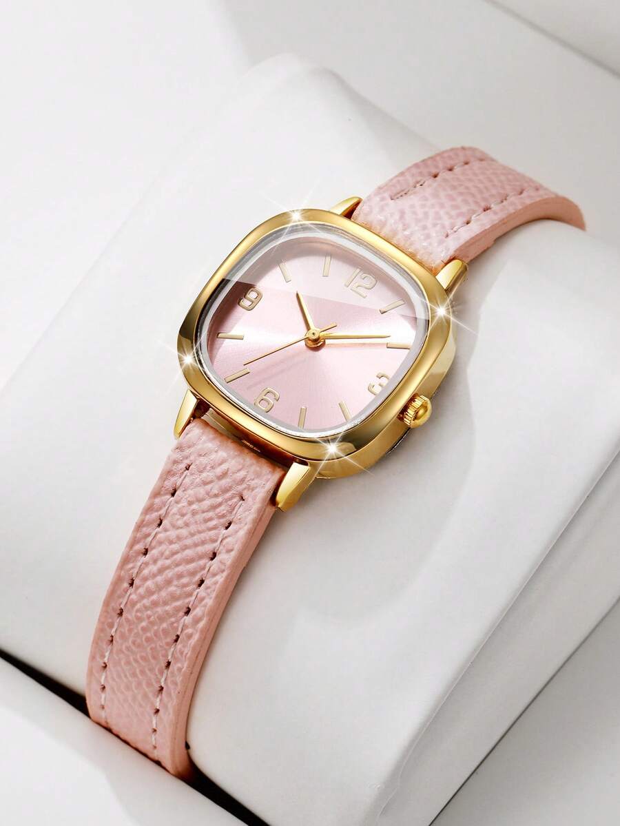 Women's Fresh Small Thin PU Strap Quartz Watch, Minimalist Square Dial With Simple Digital Markings, Suitable For Girls And Students For Daily Wear, Gift Watch (1pc/Set) Watch Box Not Included - Pink - View 1