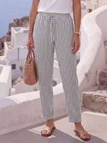 Plus Size Women's Striped Drawstring Waist Pocket Casual Pants - Black - View 2