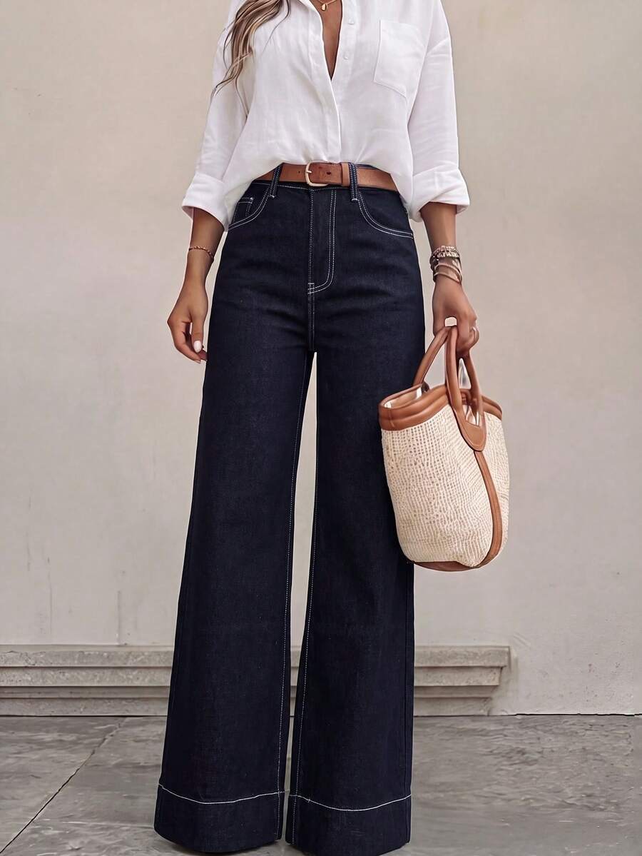Women's Fashion Casual Straight Leg Jeans, Versatile Comfortable Everyday Streetwear - Dark Wash - View 1