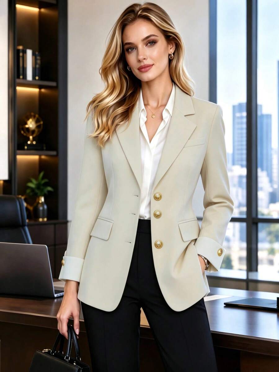 HOMEYEE Lapel Collar Long Sleeve Color Block Button Up Casual Elegant Versatile Blazer For Business, Office, Vacation Spring Fall - Apricot - View 1