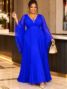 Plus Size Royal Blue Pleated Chiffon Maxi Dress Deep V Neck Rhinestone Sheer Flare Long Sleeve A Line ELegant Formal Evening Wedding Guest Party Gown - Royal Blue - View 6