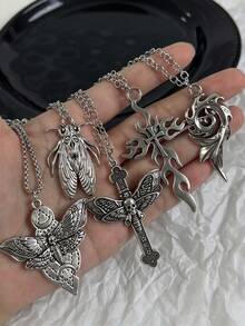 5pcs Dark Gothic Distressed Antique Silver Moth Cicada Flame Spiral Skull Cross Pendant Necklace Unisex Halloween Personalized Street Style Fashion - Silver - View 1