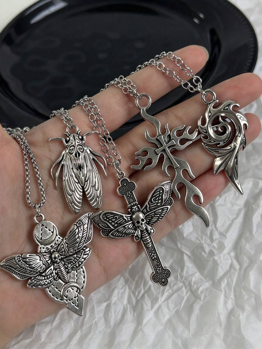 5pcs Dark Gothic Distressed Antique Silver Moth Cicada Flame Spiral Skull Cross Pendant Necklace Unisex Halloween Personalized Street Style Fashion - Silver - View 1