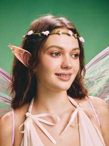 Popjeli Rhinestone Butterfly And Faux Pearl Decorated Earrings, Anime Party Costume Masquerade Accessories, Christmas Cosplay Vampire Fairy Ears Halloween - Pink - View 3