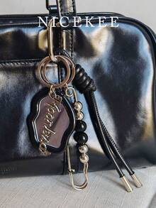 Minimalist Fashionable Cute Bag Charm, Heart-Shaped Decoration With Silver Beads And Bow, Suitable For Daily Matching And Gifting, Can Be Used As Bag Charm Or Keychain - Black - View 1