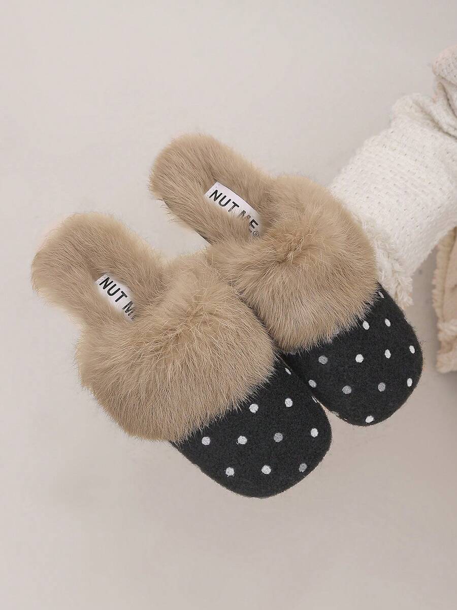 Women's Polka Dot Plush Square Toe Closed Toe Fuzzy Mule Slippers, Retro Round Dot Outdoor Wear Furry Half-Slip Shoes For Autumn/Winter Home - Black - View 1