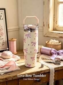 1pc 900ml (33.44oz) Valentine's Day Stainless Steel Insulated Coffee Mug With Handle And Straw, Cute Bow And Heart Design, Dual-Sip Lid For Hot And Cold Drinks, Iced Coffee And Oat Milk, Couple Water Cup Perfect For Home, Office, Outdoor Use, Ideal Gift For Best Friends, Birthday Or Christmas - Bow - View 8