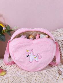 1pc Kids Unicorn Embroidered Heart Shaped Plush Material Small Crossbody Bag With Accessory Storage, Cute Style, Daily Wear - Multicolor - View 6