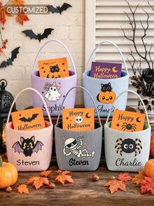 Personalized Custom Name Halloween Trick Or Treat Striped Fabric Tote Basket, Ghost Pumpkin Witch Hat Pattern, Customized Text Handle Storage Basket, Halloween Party Decoration - Multicolor - View 3