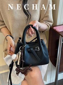1件小眾設計帶扣手提包，拼色女款斜挎包，布料與PU材質，適合上班、購物、約會、旅行（不含吊飾） - 黑色 - 查看 1