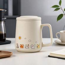 Kawaii Cat Mug With Lid, Cute Cartoon Animal Ceramic Cup For Coffee, Tea, Milk, [Approx. 400ml] Fun Hand-Painted Sun And Cat Design, Ideal Gift For Cat Lovers And Friends - White - View 8
