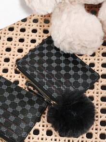 Women's Presbyopia Printed Credit Card Storage Wallet With Zipper Closure, Adorned With A Delicate Pom-Pom, Suitable For Portable Use - Black - View 8