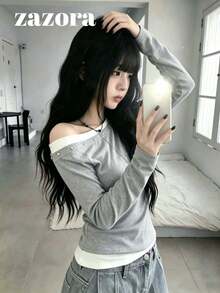 Design Contrast Color 2 In 1 Asymmetric Shoulder Long Sleeve T-Shirt, Sweet Cool Hot Girl Style Versatile Slim Fit Top - Light Grey - View 6