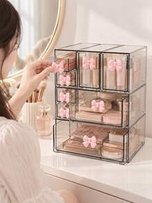 Desktop Storage Box With Bow, Large Capacity Drawer Storage Box, Transparent Storage Box That Can Be Freely Matched, Cosmetic Storage And Display Box, Stationery Classification And Organization Box, Suitable For Desktop Accessories, Cosmetics, Makeup Tools, Stationery, Learning Supplies, Applicable To Home Bedroom, Study, Makeup Table, School Dorm, Office, Room Decoration, Classification And Storage Of Daily Necessities, Make Your Desktop More Tidy - Transparent - View 10