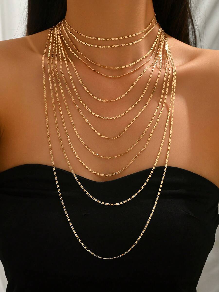 1pc Personalized Multi-Layer Gold Chain Long Necklace, Fashionable Women's Neck Jewelry Suitable For Daily Wear, Dates, Parties And Vacations - Gold - View 1