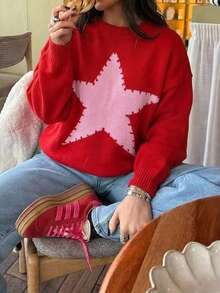 Just Masa Women's Fall Winter Colorblock Star Pattern Sweater Top,Long Sleeve Round Neck Rib-Knit Pullover,For Daily Wear,Going Out,Christmas,Travel - Red - View 1