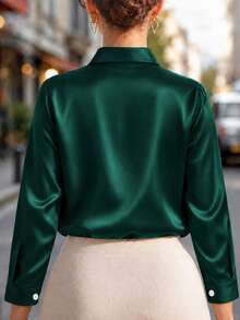 Plus Size Women's Fashion New Arrival Casual Satin Button-Up Shirt Spring - Green - View 2