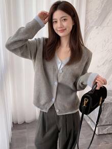 Alicedudu Women's Autumn/Winter Minimalist V-Neck 2 In 1 Sweater Cardigan - Light Grey - View 5