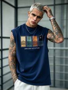 Simple Studio | Men's Summer Minimalist Vintage Graphic Print Round Neck Tank Top | Comfortable & Breathable | Style - Navy Blue - View 2