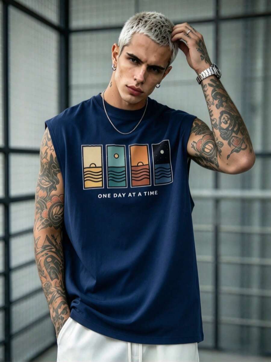 Simple Studio | Men's Summer Minimalist Vintage Graphic Print Round Neck Tank Top | Comfortable & Breathable | Style