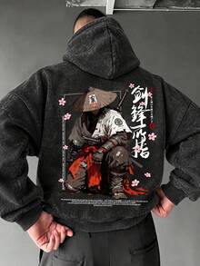 Men's Washed Vintage Hooded Sweatshirt, Autumn/Winter Retro Japanese Ronin Samurai Back Print, Loose Drop Shoulder Streetwear Pullover Hoodie - Black - View 2