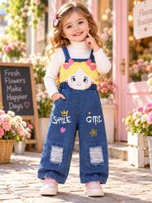 MYVLNA (Only Includes 1pc Overalls) Girls' Denim Overalls With Cartoon Girl Patch Decor, Letter Heart Star Print, Distressed Design, Loose Long Pants, Cute Casual Style, Inner Top Not Included - Blue - View 1