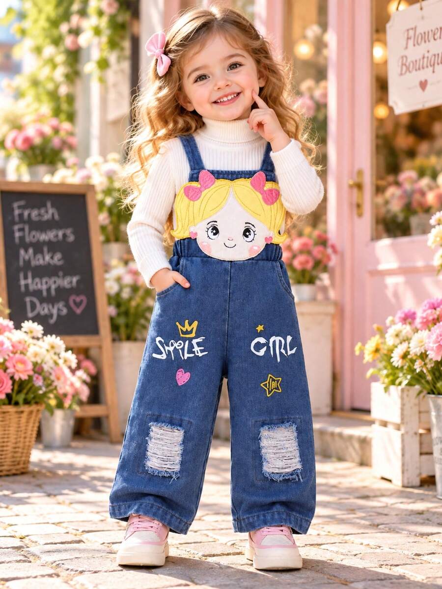 MYVLNA (Only Includes 1pc Overalls) Girls' Denim Overalls With Cartoon Girl Patch Decor, Letter Heart Star Print, Distressed Design, Loose Long Pants, Cute Casual Style, Inner Top Not Included - Blue - View 1