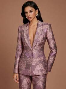 Casual Fashion Printed Long Sleeve Blazer And Pants Women's Set, Non-Stretch 2 Pieces Set - Mauve Purple - View 1