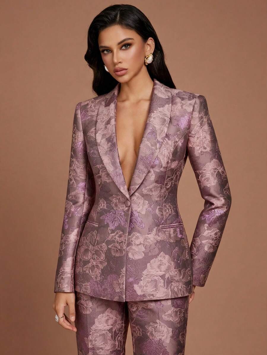 Casual Fashion Printed Long Sleeve Blazer And Pants Women's Set, Non-Stretch 2 Pieces Set - Mauve Purple - View 1