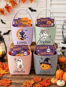 Personalized Custom Name Halloween Trick Or Treat Striped Fabric Tote Basket, Ghost Pumpkin Witch Hat Pattern, Customized Text Handle Storage Basket, Halloween Party Decoration - Multicolor - View 7