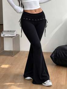 AiTyi Women's Grey Flare Pants, Double Waist Drawstring & Metal Eyelet Detail, Long Soft Fabric, Suitable For Music Festival Bohemian Style - Black - View 1