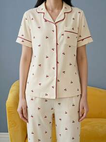 Joivida 3pcs/Set Bubble Textured Cherry Print Sleepwear Set For Women - Short Sleeve Button Collar Top And Shorts And Pants, Cozy - Beige - View 5
