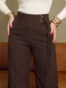 Women's Dark Brown Autumn Wide Leg Pants, Waist Double Button Drawstring Decor, Minimalist Office Commute Daily Long Pants - Coffee Brown - View 4