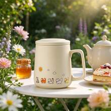 Kawaii Cat Mug With Lid, Cute Cartoon Animal Ceramic Cup For Coffee, Tea, Milk, [Approx. 400ml] Fun Hand-Painted Sun And Cat Design, Ideal Gift For Cat Lovers And Friends - White - View 4