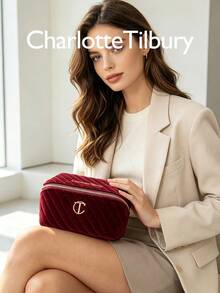 Charlotte Tilbury Burgundy Velvet Quilted Makeup Bag M Size 18*8*9cm, Portable Zippered Cosmetic Storage Pouch, Travel Makeup Organizer, Suitable For Lipstick, Makeup Brushes And Cosmetics - Burgundy - View 5