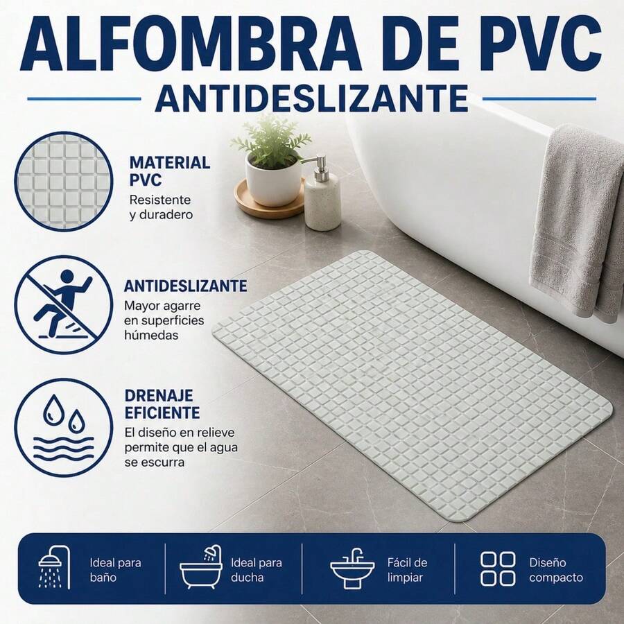 Non-Slip PVC Shower Mat With Embossed Grid, Light Grey Rectangular Bathroom Mat For Wet Areas, Size 67.7x38.5 Cm - A - View 1